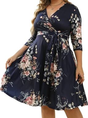 Nemidor Plus Size Dress V Neck 3/4 Sleeve Midi Style Swing Dress W. Pockets